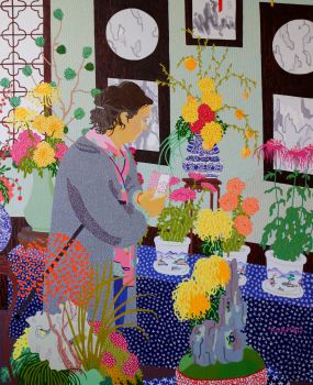 Michal Korman: At the exhibition of flower arrangements in Suzhou, oil on canvas 100x81 cm, Paris 2018/2019