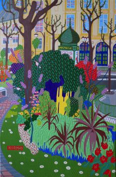 Michal Korman: A garden in a rosy evening light - Spring, oil on canvas 81x54cm, Paris 2019